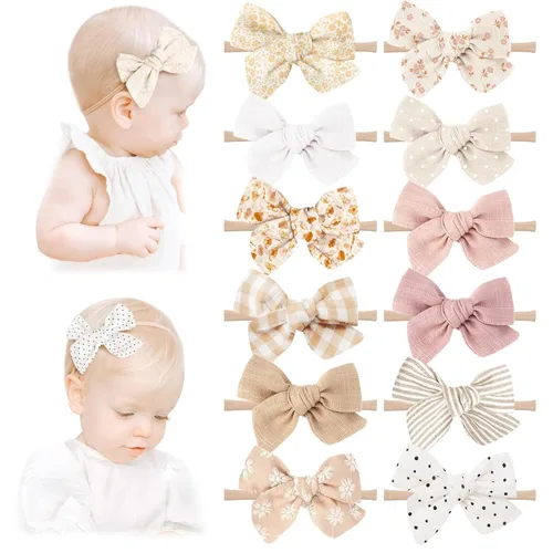 Niceye Accesorios para el cabello hechos a mano: 12 paquetes de diademas elásticas de nailon y moños para recién nacidos, bebés y niñas pequeñas