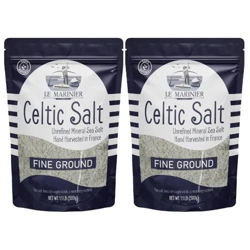 Le Marinier Sal celta orgánica fina molida, 1.1lb - 18oz, paquete de 2. Rica en minerales, sin refinar, 100% natural, sal marina francesa mineral