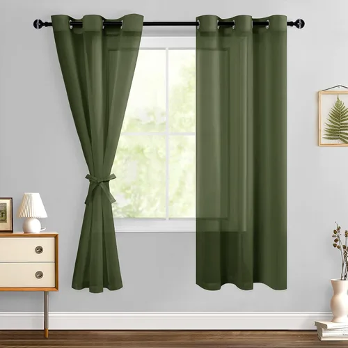 Miniatura 142 de Hiasan - Cortinas traslúcidas de gasa cortas semitransparentes con ojales y alzapaños filtrantes de luz para ventana, dormitorio, baño, 2 paneles