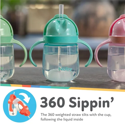 Miniatura 4 de Nuby No-Spill Clik-it - Vaso de silicona para niños pequeños (paquete de 2) de 8 onzas, vaso para sorber con popote con peso 360 para niños de 1 año