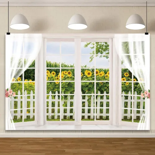 Miniatura 2 de YongFoto Telón de fondo de ventana de primavera de 5 x 3 pies, girasol amarillo, valla de madera rústica, campo, jardín, naturaleza, paisaje, niña