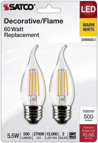 Miniatura 2 de Satco 21852-5.5CA10/LED/927/CL/120V/E26/2C Decorativa (S21852) Punta de Vela Bombilla LED