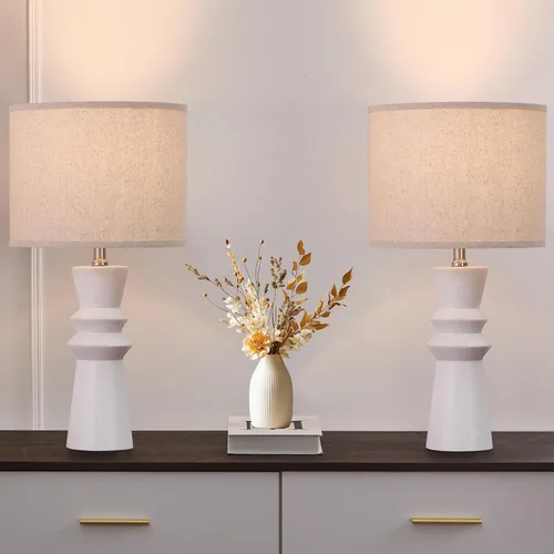 Miniatura 5 de Juego de 2 lámparas de mesa minimalistas de cerámica blanca de 24.75 pulgadas, lámpara de mesa auxiliar moderna Neutral White Lamps Set of 2, For