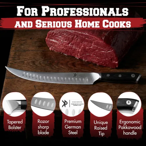 Miniatura 3 de KITCHEN PERFECTION - Cuchillo carnicero de 10" para corte y recorte de carne - Cuchillo cimitarra ultra afilado para trocear y rebanar con funda