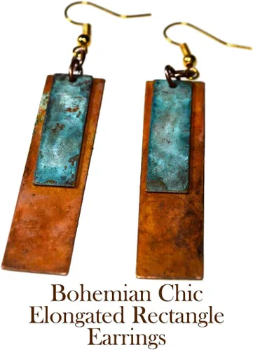 Miniatura 4 de Elaine Coyne Pendientes alargados de rectángulo en estilo bohemio chic con pátina verdigris y pátina terrestre