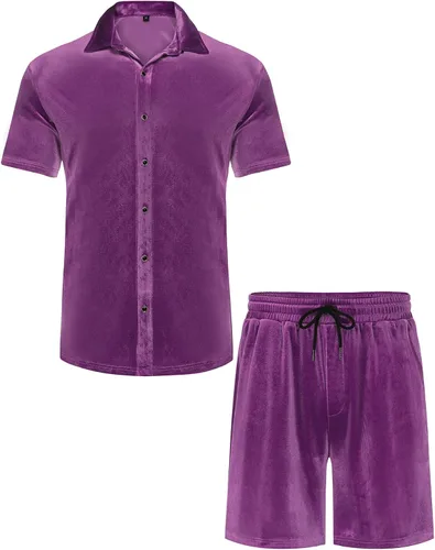 Miniatura 9 de LecGee Conjunto de pantalones cortos casuales de verano para hombre, camisa de terciopelo de manga corta con botones, pantalones cortos de cintura
