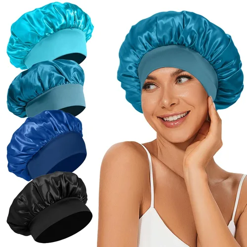 Miniatura 12 de 4 piezas de gorro de satén de seda, gorro de cabello para dormir, gorro de seda elástica de banda ancha para dormir, suave y transpirable