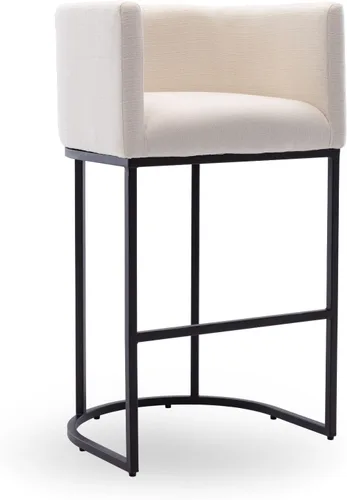 Taburete de bar de lino de 32 pulgadas, taburete moderno de altura de barril con brazo, silla de mostrador tapizada, marco de metal negro para isla