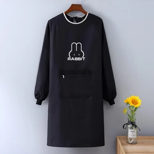 Miniatura 2 de Delantal de cocina para mujer con bolsillos grandes, delantal impermeable de manga larga para cocinar, hornear, limpiar el trabajo Negro