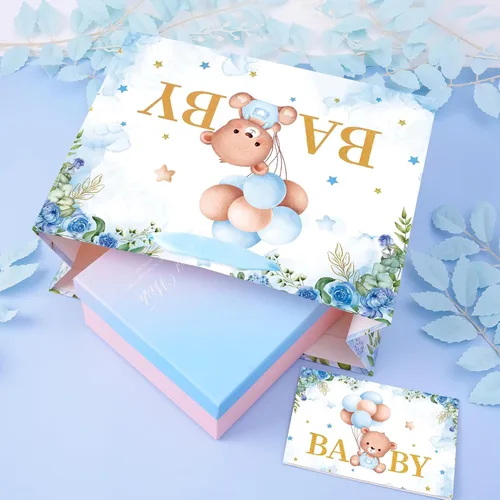 Miniatura 6 de Plauthus Bolsas de regalo grandes para bebé de 13 pulgadas con papel de seda y tarjeta de felicitación (oso de balón y floral), bolsas de regalo