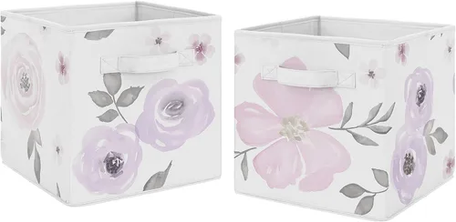 Miniatura 10 de Sweet Jojo Designs Juego de 2 cubos de almacenamiento plegables de tela de acuarela rosa y gris, organizador de juguetes para niños y bebés