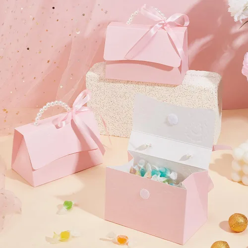 Miniatura 5 de BENECREAT Juego de 12 cajas de recuerdos de boda, caja de papel kraft rosa con mango de perla, cintas, calcomanías, cajas de regalo para cumpleaños