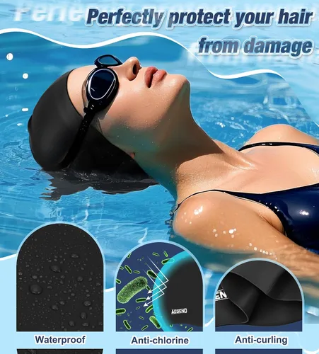 Miniatura 3 de Aegend - Gorros de natación para cabello largo, gorras de natación de silicona duraderas para mujeres, hombres, adultos, jóvenes, fáciles de poner