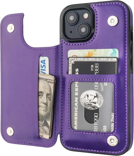 Miniatura 11 de ONETOP - Funda tipo cartera compatible con iPhone 15 con soporte para tarjetas, funda de piel sintética con ranuras para tarjetas, doble cierre Azul