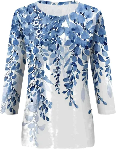 Miniatura 129 de Camisetas de manga 3/4 para mujer, cuello redondo, holgadas, casuales, con estampado floral, camisetas de moda para el trabajo de negocios