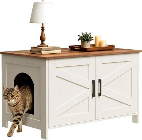 Miniatura 12 de Caja de arena para gatos Homhedy, mueble de baño de madera para gatos con puerta de granero, casa para mascotas, se adapta a la mayoría de las cajas