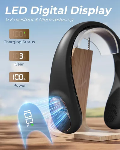 Miniatura 6 de TUNISE Ventilador de cuello, ventilador personal con pantalla LED, recargable USB-C, batería de 4000 mAh, ajuste de 3 velocidades y funcionamiento