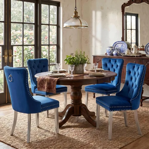 Miniatura 18 de SoarFlash Juego de 2 sillas de comedor de tela de lino, sillas de comedor tapizadas con ribete de cabeza de clavo y patas de madera de color claro