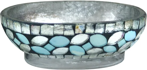 nu steel Jabonera de espuma marina en azul aguamarina/mosaico de vidrio plateado/acero inoxidable para baños y espacios de tocador