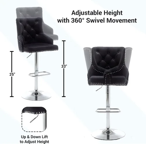 Miniatura 3 de BTEXPERT - Taburete de comedor tapizado de 25 a 33 pulgadas con respaldo alto, taburete de barra con cabeza de clavo copetudo negro (1)