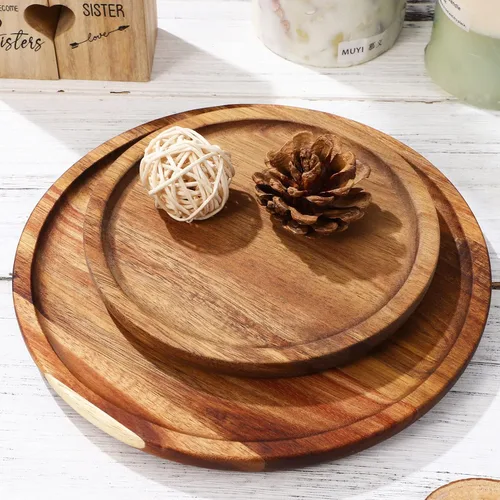 Miniatura 2 de STOBAZA Bandejas decorativas de madera de acacia para mesa auxiliar, juego de 2 bandejas redondas de madera para centro de mesa, bandeja para velas