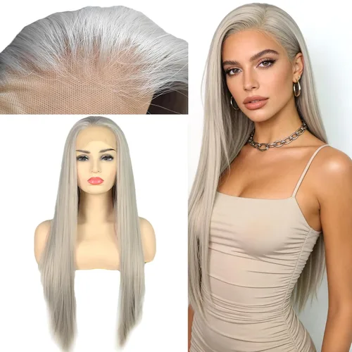 Miniatura 10 de Peluca de cabello sintético rubio platino 60# de 13 x 4 x 1 con encaje frontal en T, largo natural, resistente al calor, pelucas de repuesto