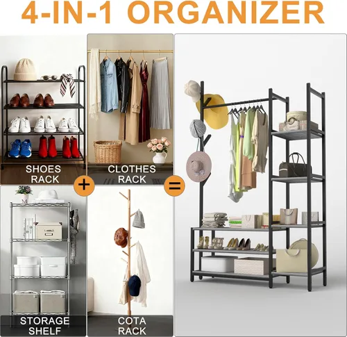 Miniatura 3 de Organizador de armario independiente 4 en 1 con perchero y zapatero y 5 estantes laterales, perchero de madera resistente para colgar ropa, armario
