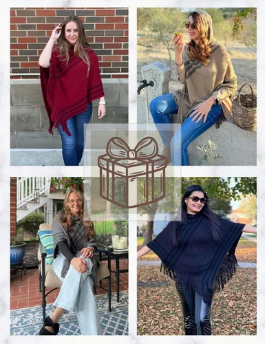 Miniatura 5 de Ferand Suéter poncho de punto con capucha y rayas en zigzag para mujer con flecos