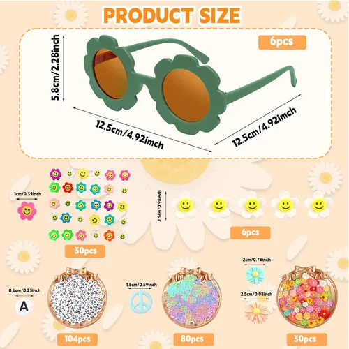 Miniatura 2 de Gafas de sol redondas de flores para niños, lindo juego de lentes de sol de flores, cuentas de letras, margaritas, carita sonriente, flor y signo