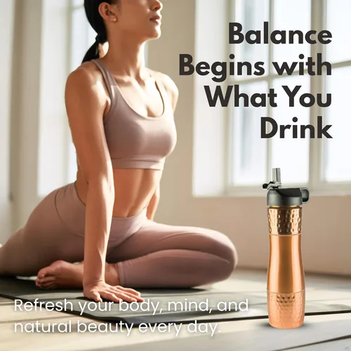 Miniatura 5 de Botella de agua de cobre puro para agua potable con pajita y tapa deportiva 33.5oz / 950ml Botella de cobre ayurvédica para beneficios de salud
