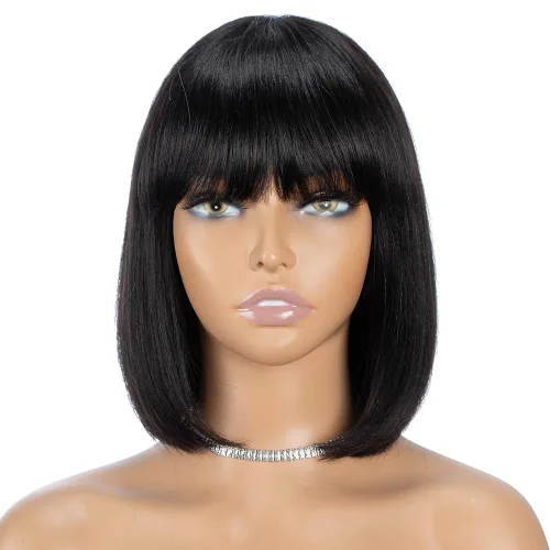 Miniatura 8 de Rebecca Fashion Peluca de cabello humano castaño con flequillo de 10 pulgadas, pelucas de cabello humano lacio Yaki claro para mujeres negras, sin