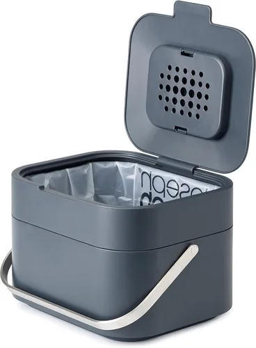 Cubo de basura apilable inteligente con filtro de olor y lata para desperdicio de alimentos, 1 galón, color crudo. Joseph Joseph 30015, Gris