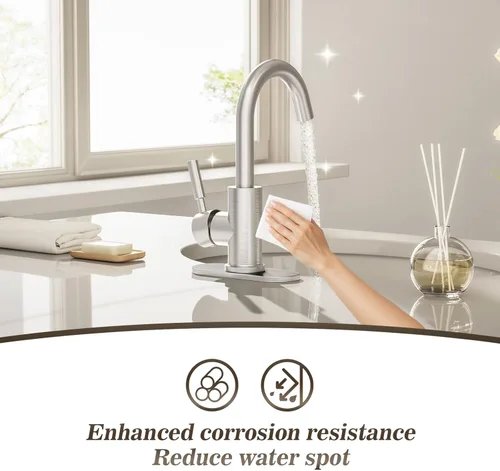 Miniatura 3 de Phiestina WE08E-BN - Grifo de lavabo de baño de una sola manija con placa de cubierta de 4 pulgadas y drenaje de metal, apto para instalación de 1