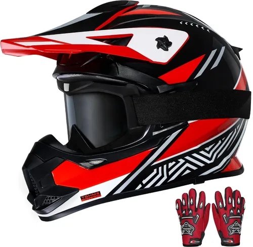 TRIANGLE Casco de motocross para adultos, casco de motocicleta de cara completa con gafas y guantes ajustables, casco de motocross certificado