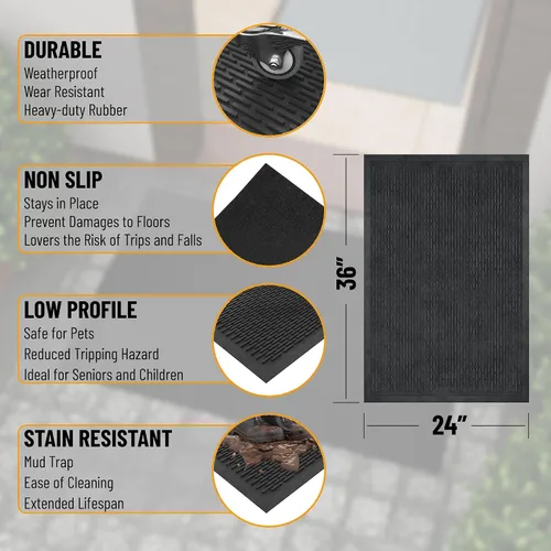 Miniatura 4 de Ottomanson Bandeja de goma antideslizante para interiores y exteriores, fácil de limpiar, impermeable, 16 x 32 pulgadas, bandeja negra