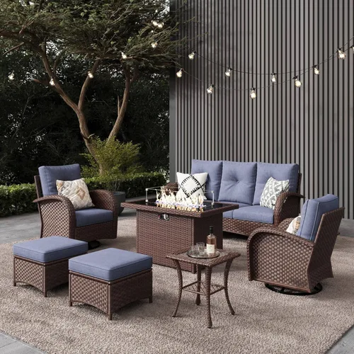 Miniatura 39 de LayinSun - Juego de 10 piezas de muebles seccionales de patio para el aire libre con mesa para fogata, juegos de sillas giratorias reclinables