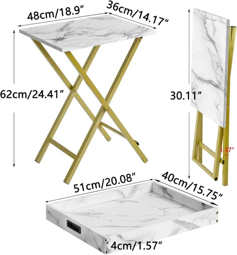 Miniatura 3 de IBUYKE Juego de 2 bandejas plegables para TV, mesa auxiliar con bandeja extraíble para servir alimentos, mesa portátil de madera para sala de estar