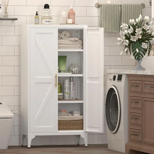 Miniatura 3 de Armario de almacenamiento de metal de 47 pulgadas de alto, gabinetes de almacenamiento de cocina con puertas y estantes, armario de metal blanco
