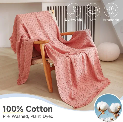 Miniatura 2 de Simple&Opulence Manta 100% algodón para sofá, cama, manta de punto gofre con borlas, suave, ligera, prelavada, transpirable, cómoda, decoración