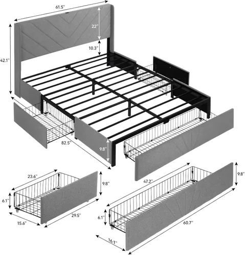 Miniatura 2 de LUCKLIFE Base de cama tapizada con puertos USB y tipo C, cabecera en forma de V, cajones laterales y almacenamiento de estribo de gran tamaño,