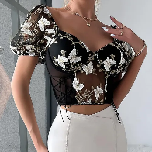 Miniatura 2 de Camiseta de manga abombada bordada floral para mujer, ajustada, corsé corto, sexy, bustier