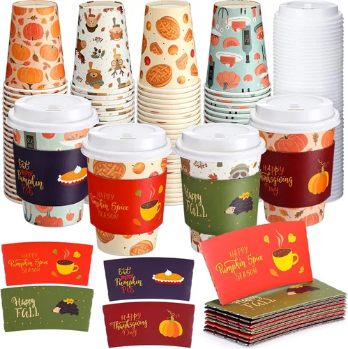 Miniatura 9 de Lallisa Paquete de 100 tazas de café de papel de Acción de Gracias de 12 onzas con tapas y mangas, tazas de café desechables para otoño, Acción