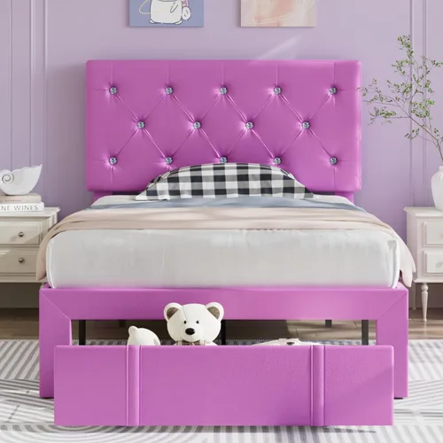 Miniatura 15 de VECELO Base de cama de tamaño individual, plataforma tapizada con cabecera ajustable de diamante, soporte de listones de madera, no necesita somier