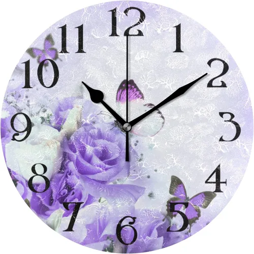 Miniatura 17 de Reloj de pared con mariposas moradas, silencioso, funciona con pilas, floral, sin tictac, decorativo, reloj analógico de cuarzo redondo de 9.5 A01