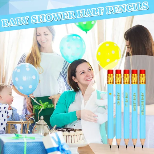 Miniatura 3 de Crtiin 50 lápices de baby shower para actividades, mini golf, medio lápices, preafilados con borradores, 4 pulgadas (azul, estilo niño)