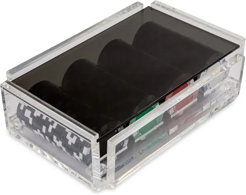 La Ficha - Juego de fichas de póquer, 100 fichas resistentes y resistentes, incluye 4 fichas de color para jugar, caja de acrílico hecha a mano con