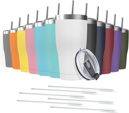 Miniatura 16 de Paquete de 8 vasos de acero inoxidable de 30 onzas a granel reutilizables con tapa, taza de café con recubrimiento de polvo de doble pared
