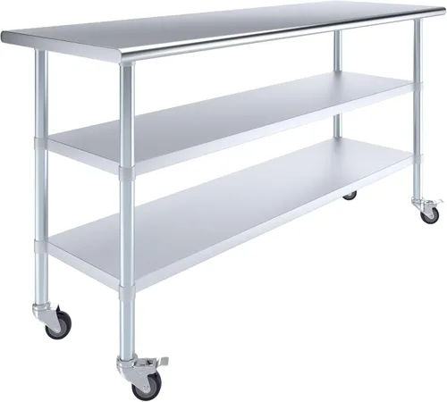 Miniatura 16 de AmGood Mesa de trabajo de acero inoxidable con 2 estantes y ruedas Mesa de trabajo de metal con ruedas