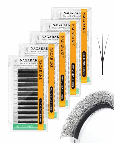 Miniatura 338 de NAGARAKU Extensiones de pestañas Double Tips 4D W, suministros con puntas dobles, gruesas con rizado D de 0.07 mm, bandeja mixta 8-15 mm, 0.07-D