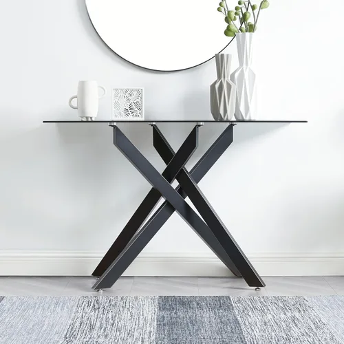 Edwin's Choice Mesa consola de vidrio negro estrecha con parte superior de vidrio templado gris y patas tubulares de metal negro con borde dorado,
